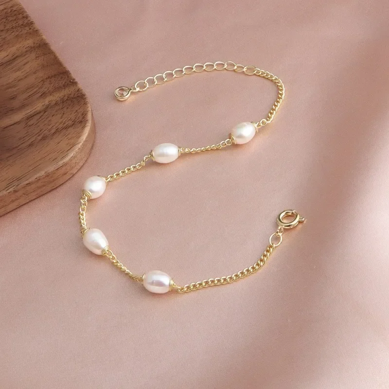 Minar Dainty Irregular Freshwater Pearl Beaded Strand Bracelets for Women Girls 14K Real Gold Plated Copper Casual Accessories