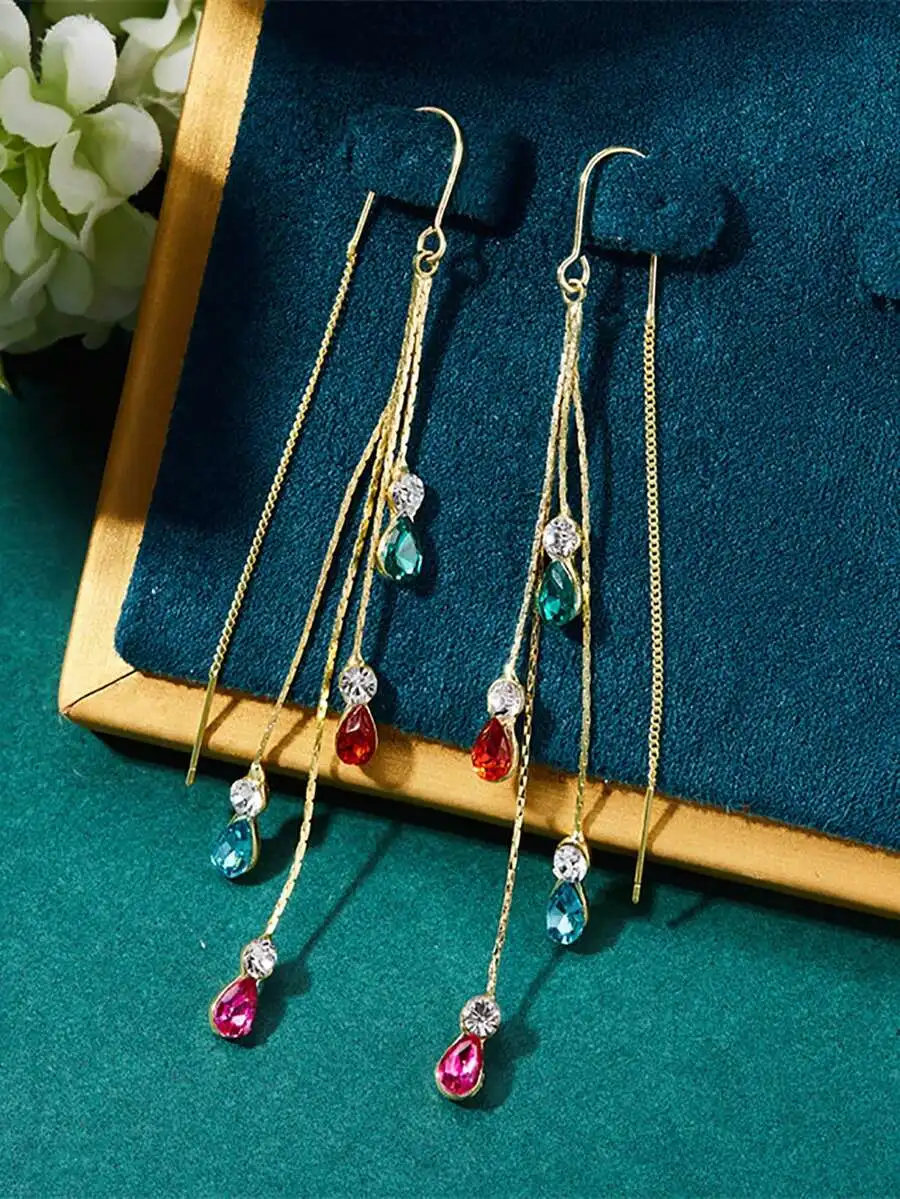Pendientes de cadena largos con borlas y diamantes de imitación en forma de gota de agua para mujer