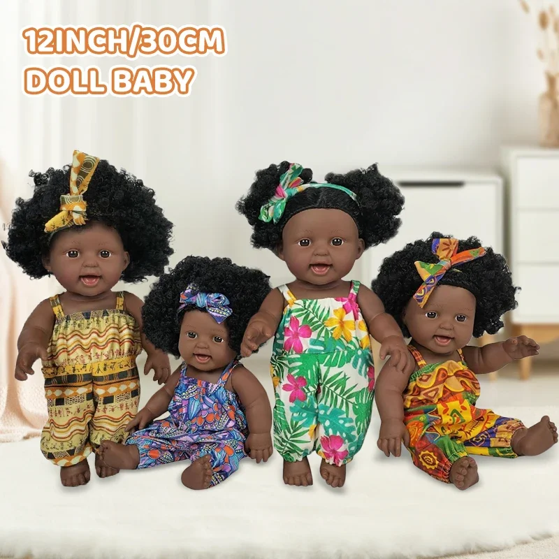 

12inch 30cm African American Black Doll with Clothes Curly Hair Vinyl Lifelike Soft Reborn Babies Dolls Toy Girls Birthday Gifts
