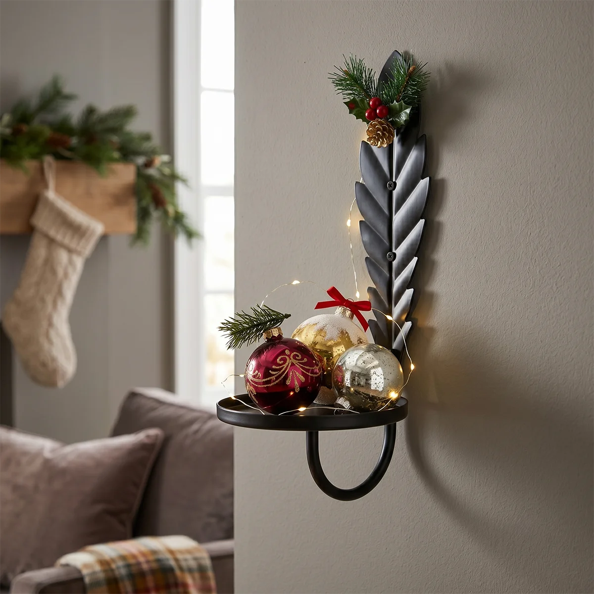 Black Metal Leaf Wall Mount Shelf, Dual-Use Wall Candle Holder & Planter Tray, Iron Wall Sconce Storage Rack for Fall Halloween