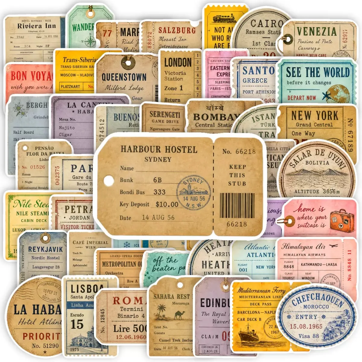 50PCS Retro Travel Ticket Waterproof Graffiti Stickers for Helmet Bicycle Luggage Laptop Fridge Vintage Aesthetic Sticker