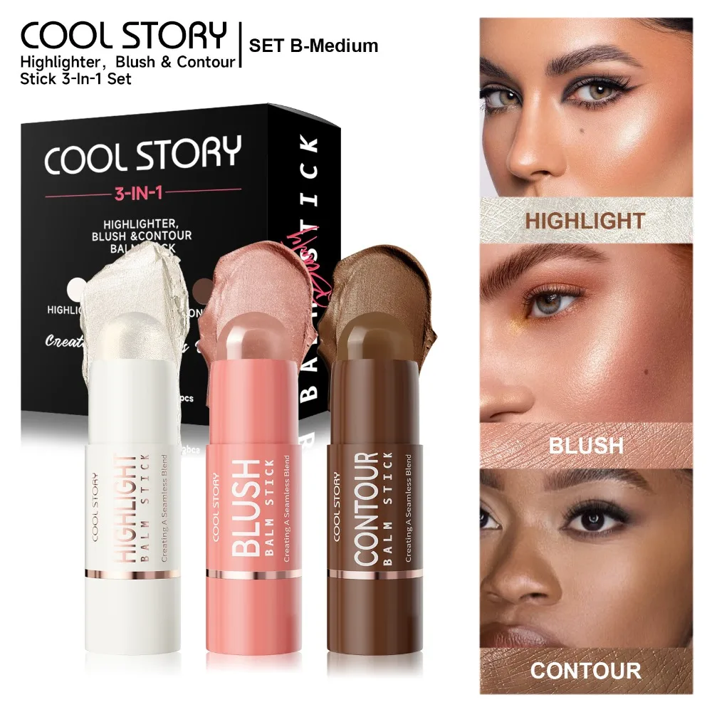 Zestaw Trójkomponentowy do Konturowania Twarzy: Rozświetlacz, Róż, Kontur w Kremie w Sztyfcie na Imprezy, Wesela, Sesje Zdjęciowe, Łatwa Aplikacja, dla Makijażystów