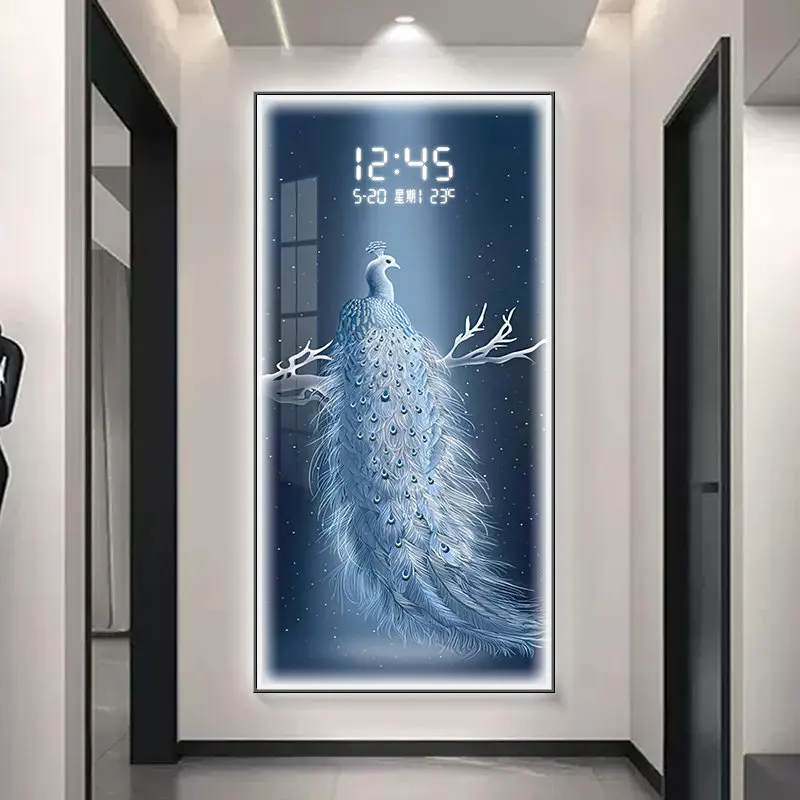 Modern Peacock Wall Clock Living Room Decoration Painting LED Electronic Clock Bedroom Bedhead Sofa Background Wall Light Watch
