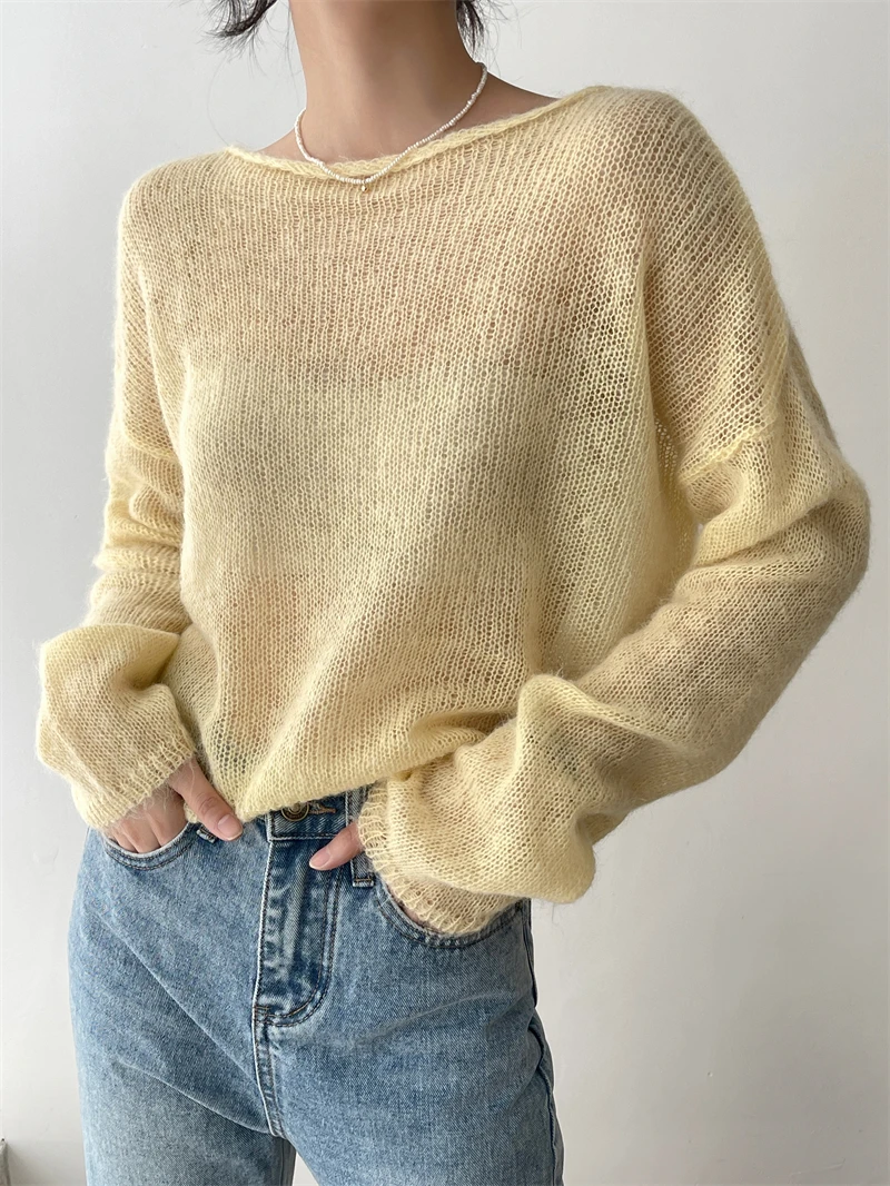 [ZAYAU] High Proportion Gentle Mohair Knitted Spring and Autumn New Straight Neck Sweater Loose Blouse Thin Short Top