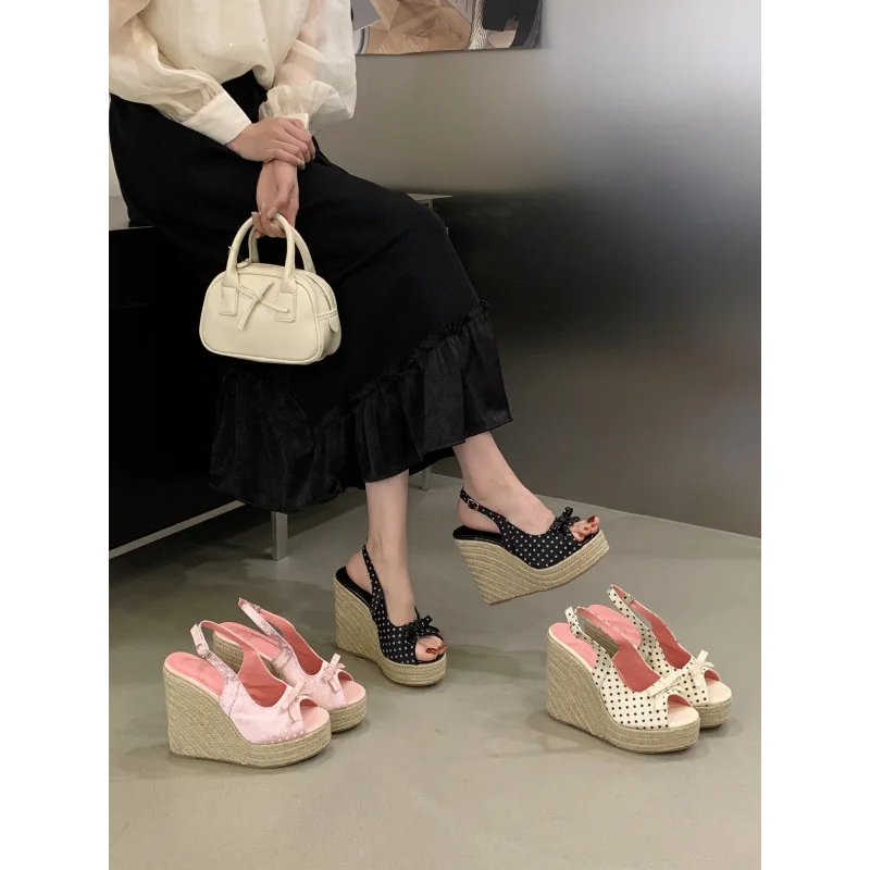 Spot 12cm not tired feet ancient style thick-soled straw shoes polka dot bow wedge heel open-toed sandals women