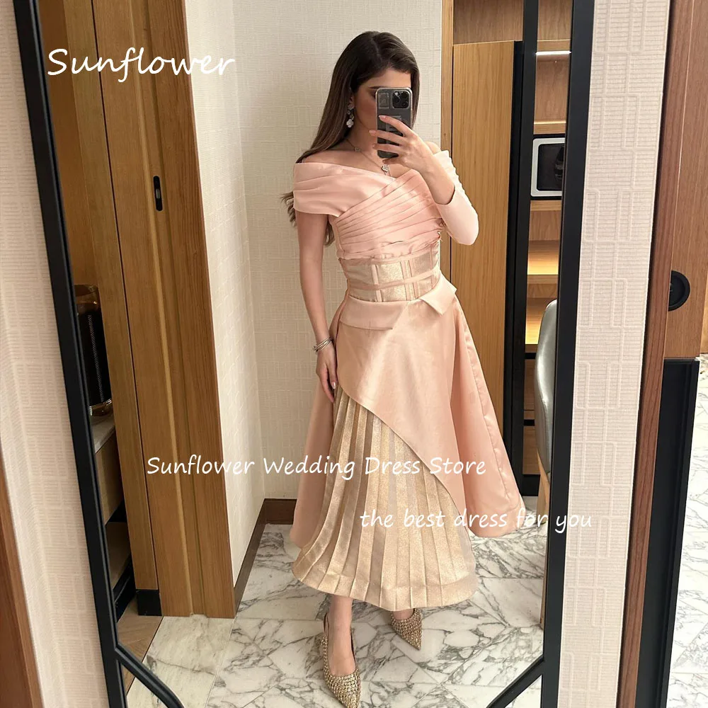 Sunflower Pink Simple Off The Shoulder Pleat A-LINE Formal Evening Dress Saudi Arabia 2024 Slim Satin Ankle-Length Prom Dress