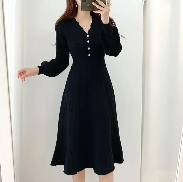 

Vintage One Piece Korean Pleated Dress Long Sleeve Slim Woman Sweater Dresses Knitted Elegant Midi Party Woman Dress Autumn 2023