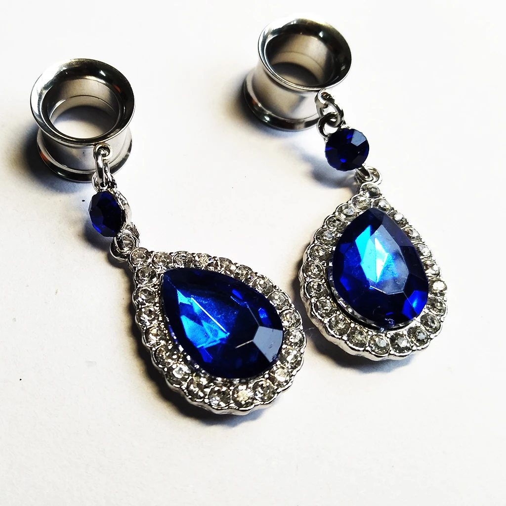 2PCS Blue Gemstone Dangle Gauges Plugs for Women Ear Plugs and Tunnels Screw Ear Gauges Stretching Earrings  2G  0G 00G 8mm 1mm