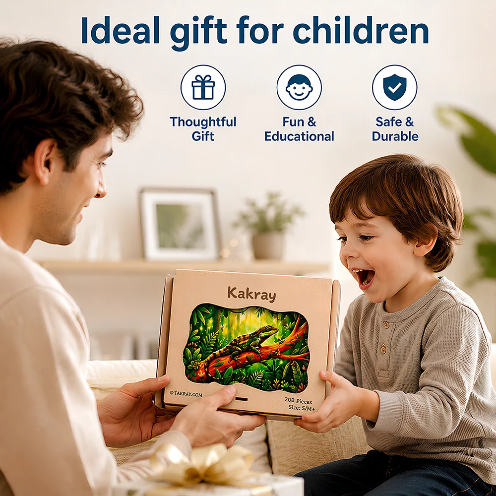 Kakray 123Pcs Irregular Chameleon Wooden Puzzle, Pine MDF Jigsaw, Dual-Use Decor Educational Toy Gift for Kids & Adults