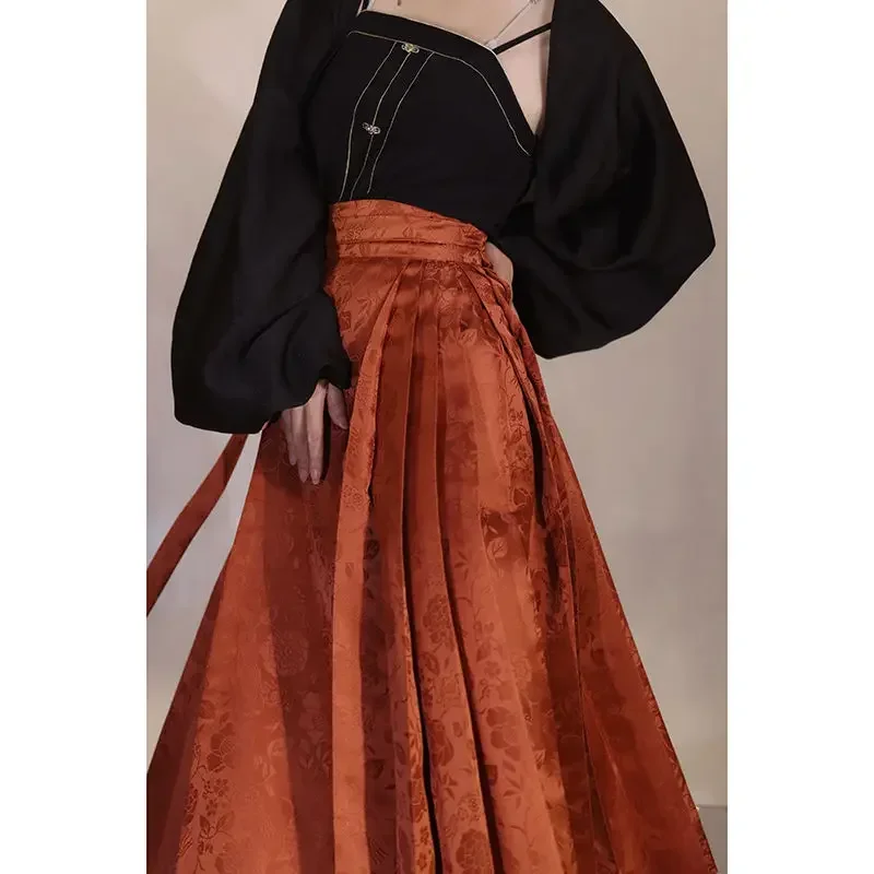 Traditional Chinese Hanfu Dresses for Women Ming Dynasty Ethnic Style Satin Soft Elegant Pleated Horse Face Skirts 4 Colors