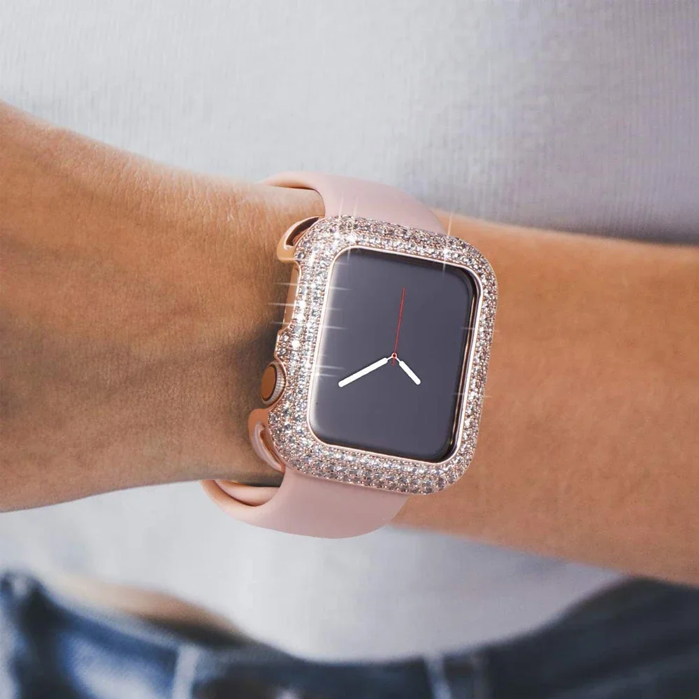 Apple Watch 용 고급 다이아몬드 시계 케이스 45mm 41mm 44mm 40mm 시리즈 9 8 7 6 5 4 3 SE 무 지향성 보호 쉘 커버