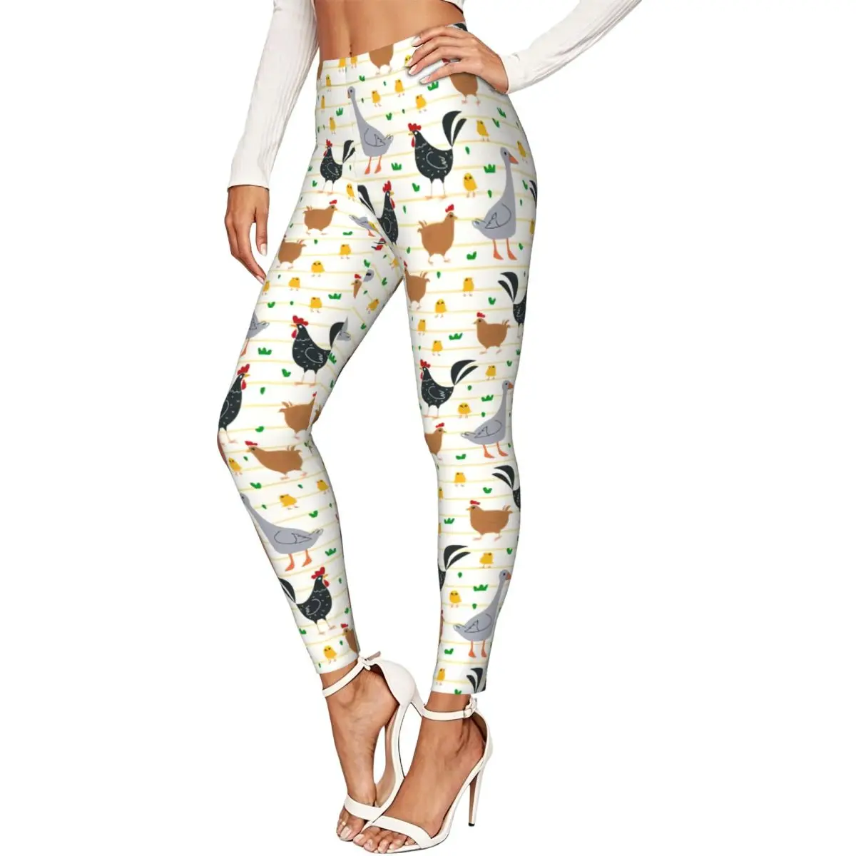 Women High Waist Elastic Leggings Cartoon Funny Birds Geese Chickens Slim Fit Stretchy Pants Casual Wear