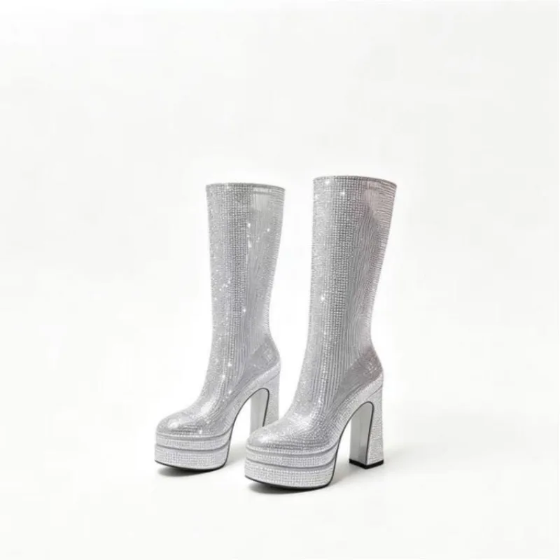 Women Gold Sequins Boots Platforms Super High Chunky Heels Pink Mid-Calf Boots Gothic Zipper Woman Silver Glitter Shoes