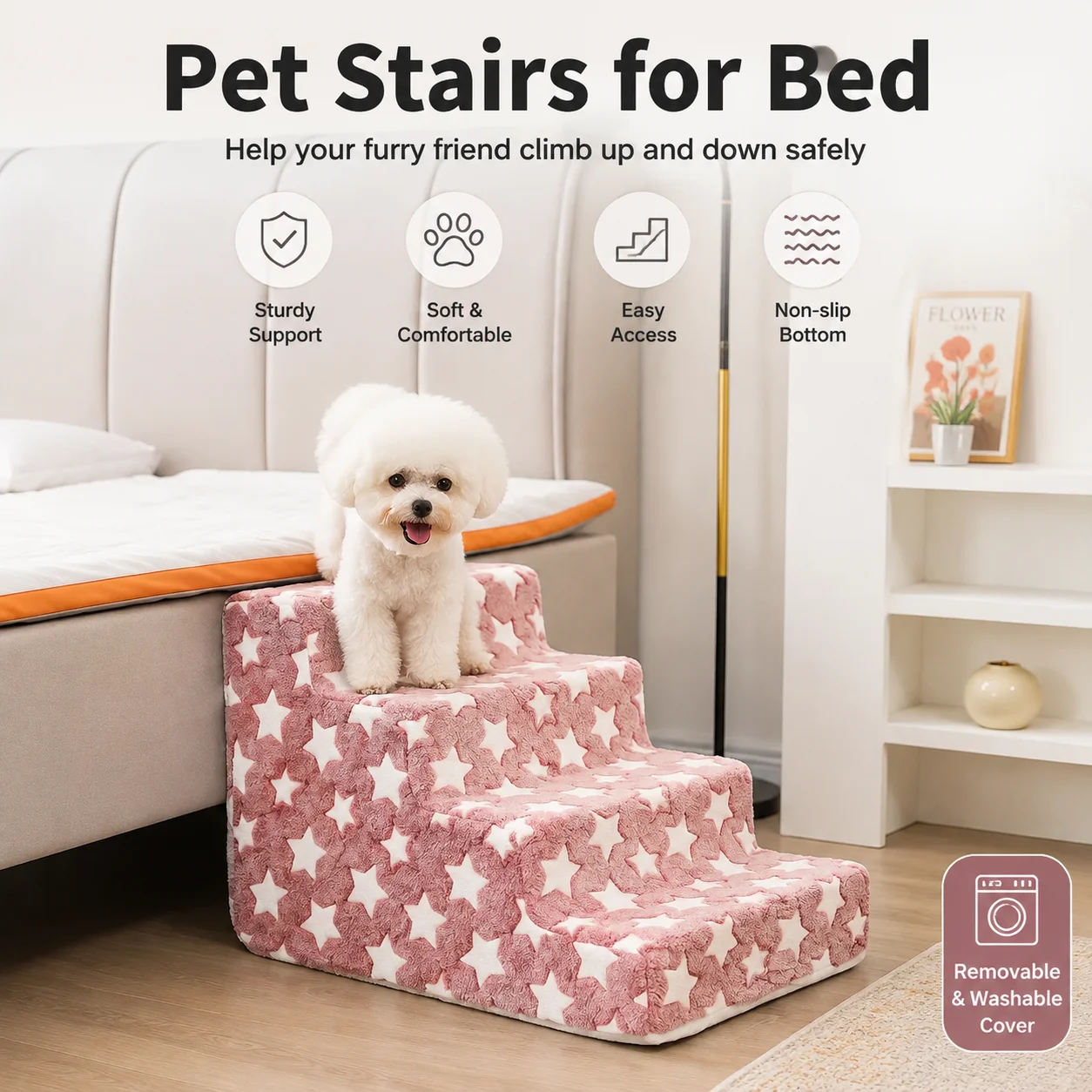 Non-Slip Foam Pet Stairs for Dogs – 3/4-Height Ramp for Senior or Arthritic Pets to Safely Access Beds, Sofas, and Furniture