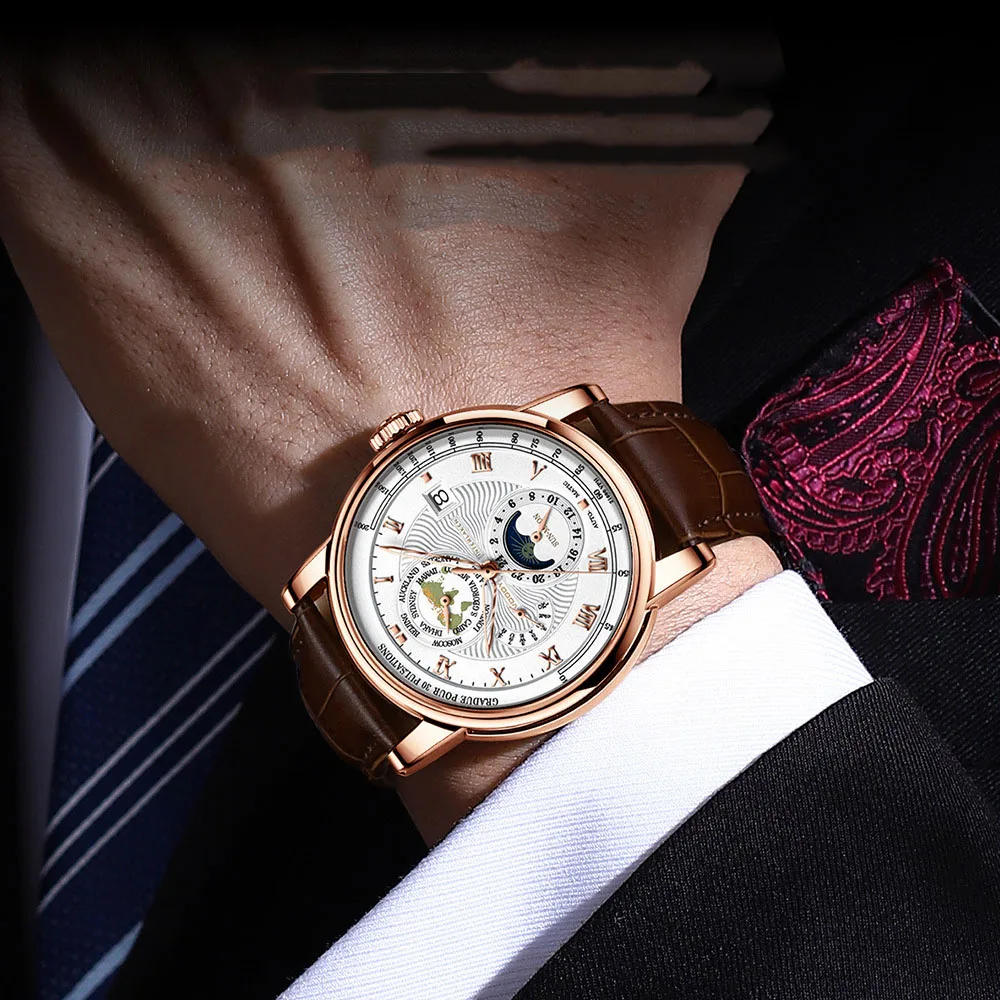 Men's Business Mechanical Watch with World Map Dial and Automatic Mechanical Movement