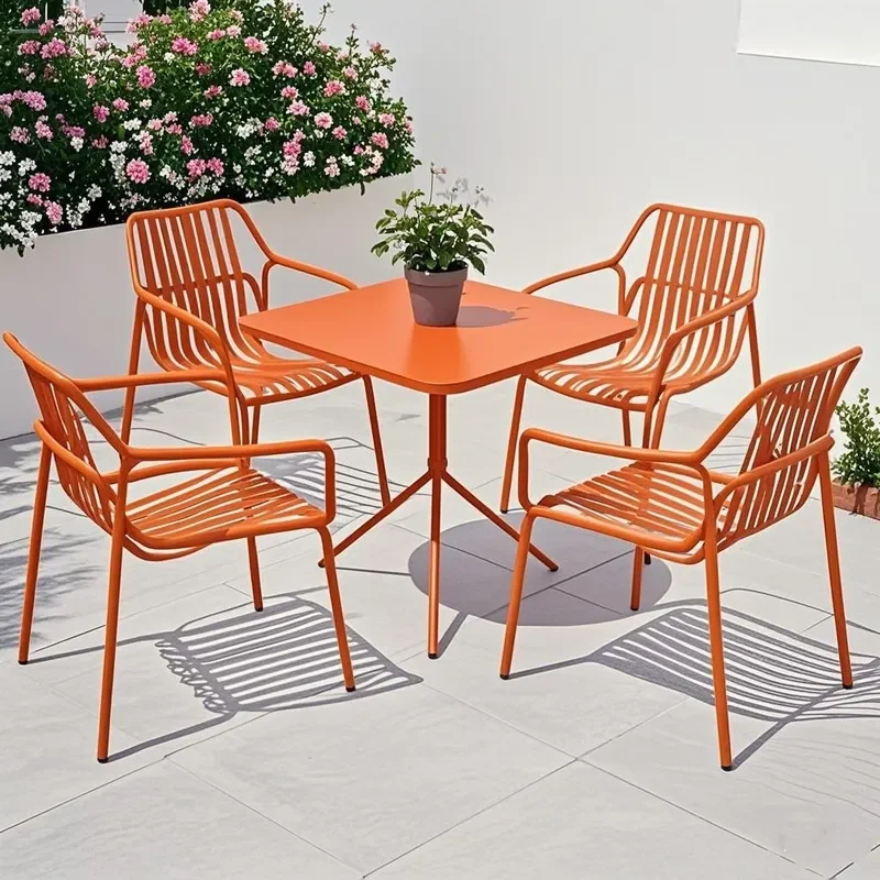 Outdoor Metal Round Table and Chair Set Wrought Iron Patio Furniture for Cafe Milk Tea Shop Open Air Bistro Garden