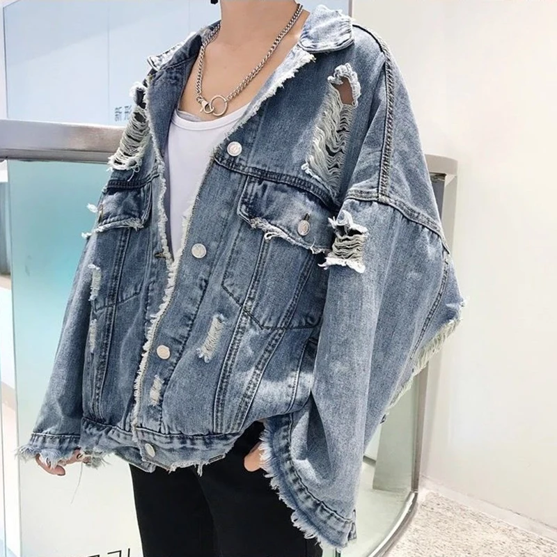 Fried Street Hole Denim Jacket Women's New Spring  Autumn Cowboy Jackets Female Outerwear Fashion Loose Casual Jacket Streetwear