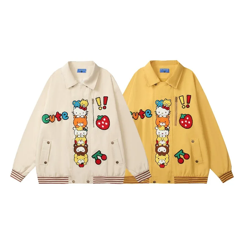 

Sanrio мультфильм Hellokitty Y2k бейсбольная куртка на пуговицах американские ретро пальто с вышивкой KT Cat куртка в стиле Харадзюку женское пальто большого размера