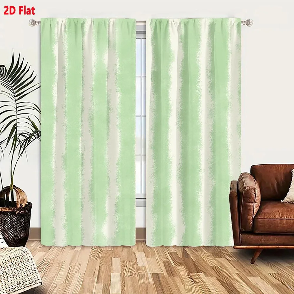 2Pcs Curtains 2D Flat Vertical Striped Pattern Pale Mint Green And Off White Brushstroke Effect Soft Watercolor Hand Painted Tex