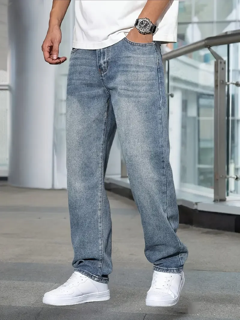 Losvallende jeans voor heren, oversized denimbroek met rechte pijpen, comfortabele wijde broek voor hiphop-streetstyle