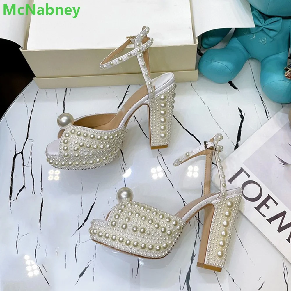 White Square Heel Pearl Sandals For Female Women Platform Luxury Fashion Elegant Ankle Buckle Strap Dress Romantic Wedding Shoes