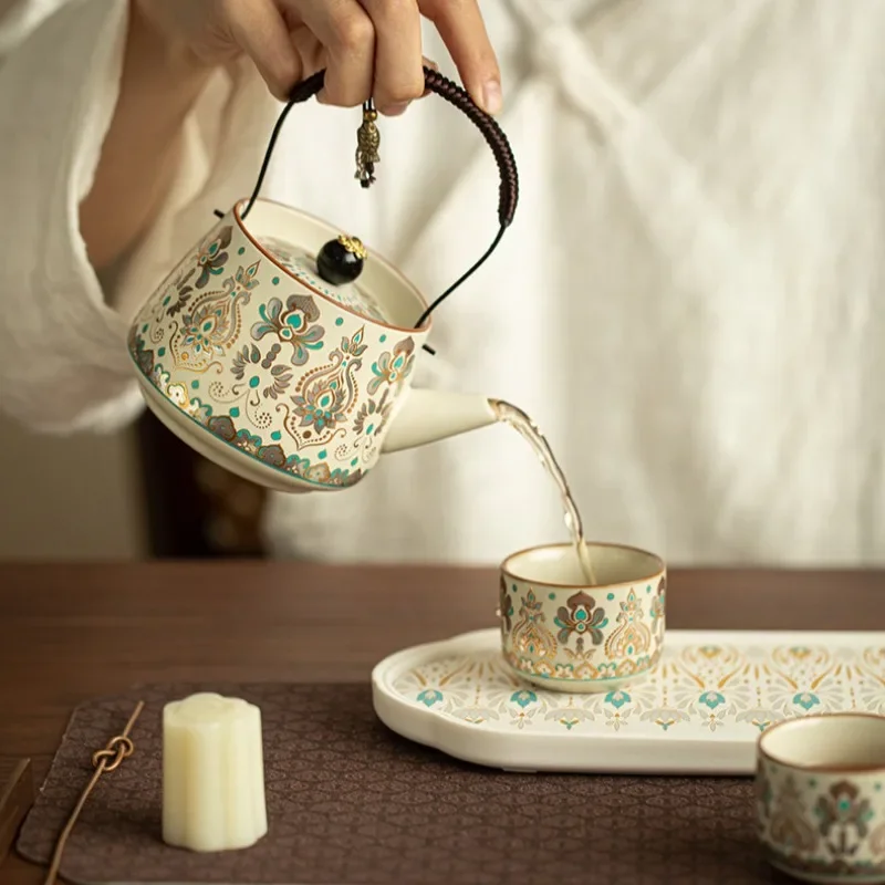Chinese Ru Kiln Hand Painted Tea Set Ceramic Teapot Brewing Household Kung Fu Cup Tray Tableware Kitchen Decoration Drink Ware
