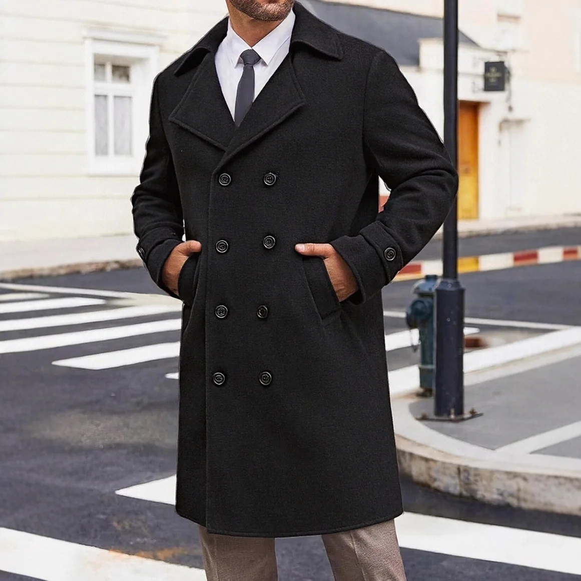 

Men's Autumn Winter Double Breasted Woolen Coat Long Sle Faionable Urban M Outerwear Tailored Fit Chinese Production
