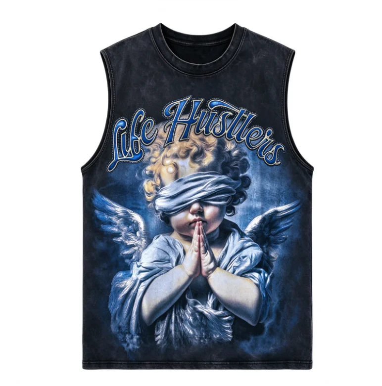 2026 new Single print washed tank top, colorful blindfolded praying angel graphic with purple script lettering on front