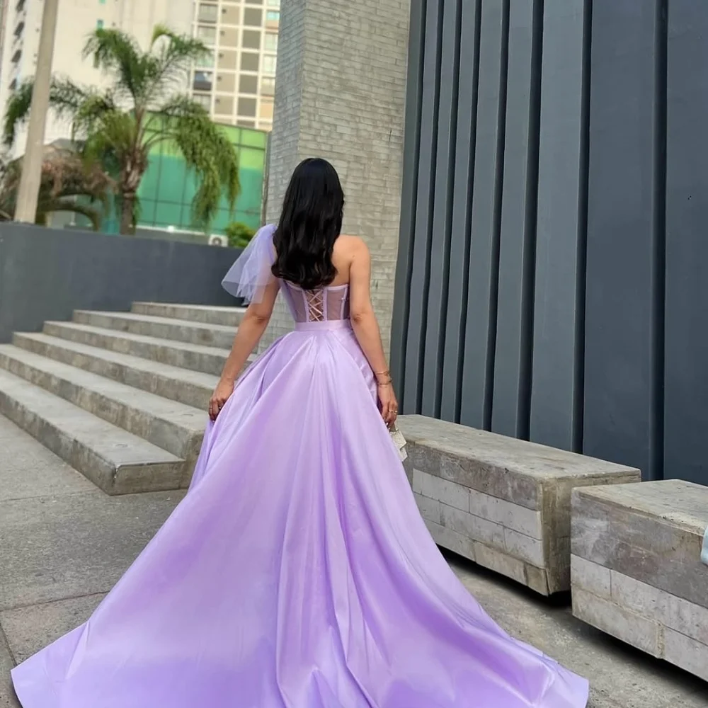 Amanda Maßgeschneiderte lila Satin-Abschlussballkleider, eine Schulter, trägerlos, Vestidos de Noche, bodenlang, Perlen, formeller Abend 2025