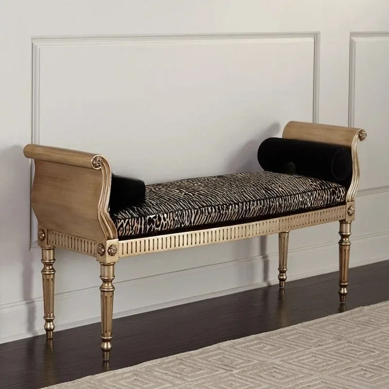 Neoclassical solid wood carving flower shoe stool French gold old leopard print