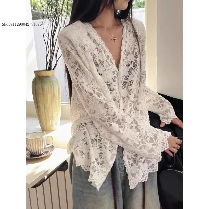 Spring and Autumn Commuter Interior Bottom Shirt High End Hollow Lace Tops Long Sleeve Shirt for Women
