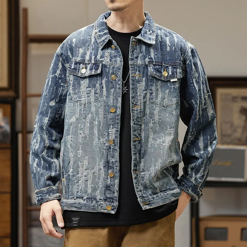 

150kg Jacquard 7XL Vintage Heavy Washed Denim Jackets for Men Spring Fall American Casual Amekaji Workwear Coats Y2k Youth Male