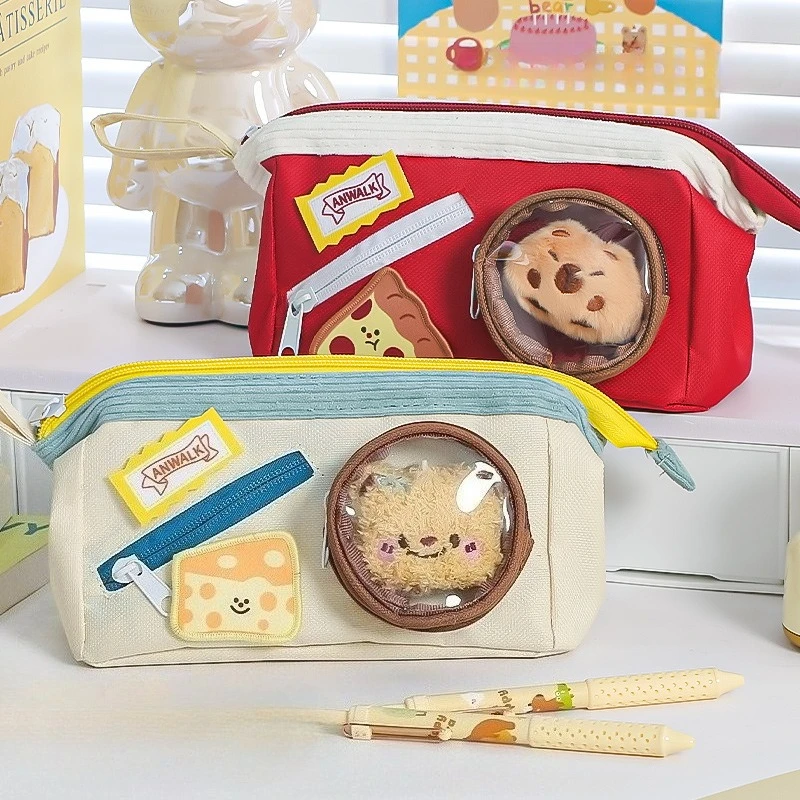 Canvas Pencil Case with Transparent Window Large Capacity Pen Bag Cartoon Cheese Pizza Patch Student Stationery Pouch