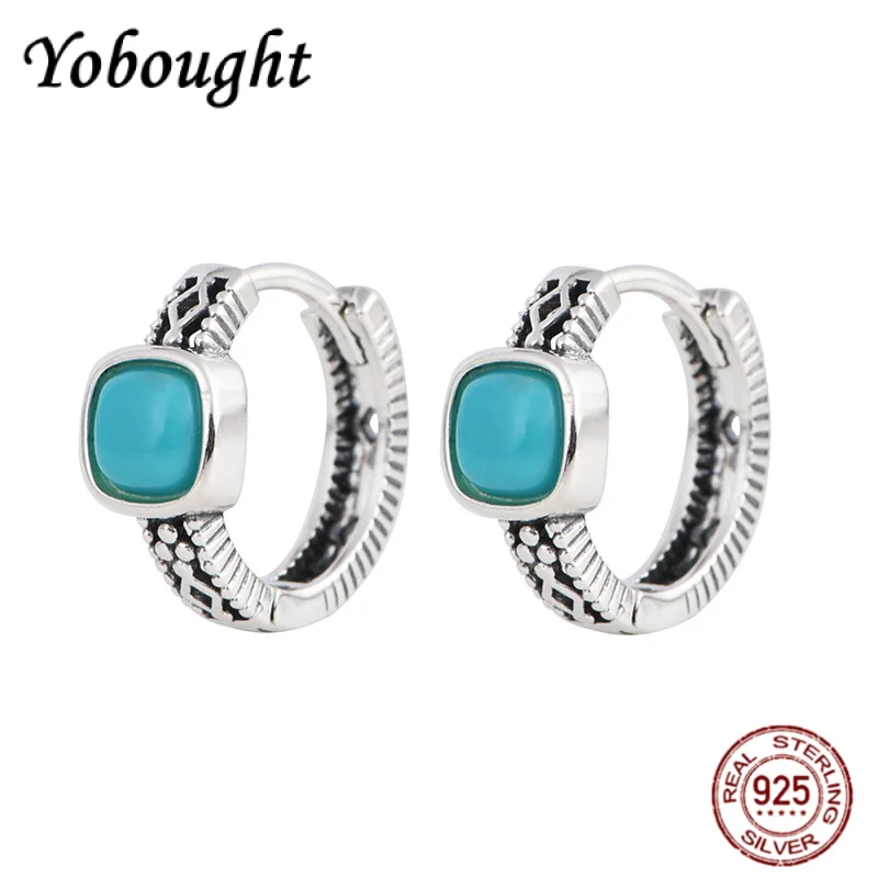 

S925 Silver Retro Fashion Simple Natural Turquoise Square Hollow Hoop Earrings Women's Exquisite French jewelry