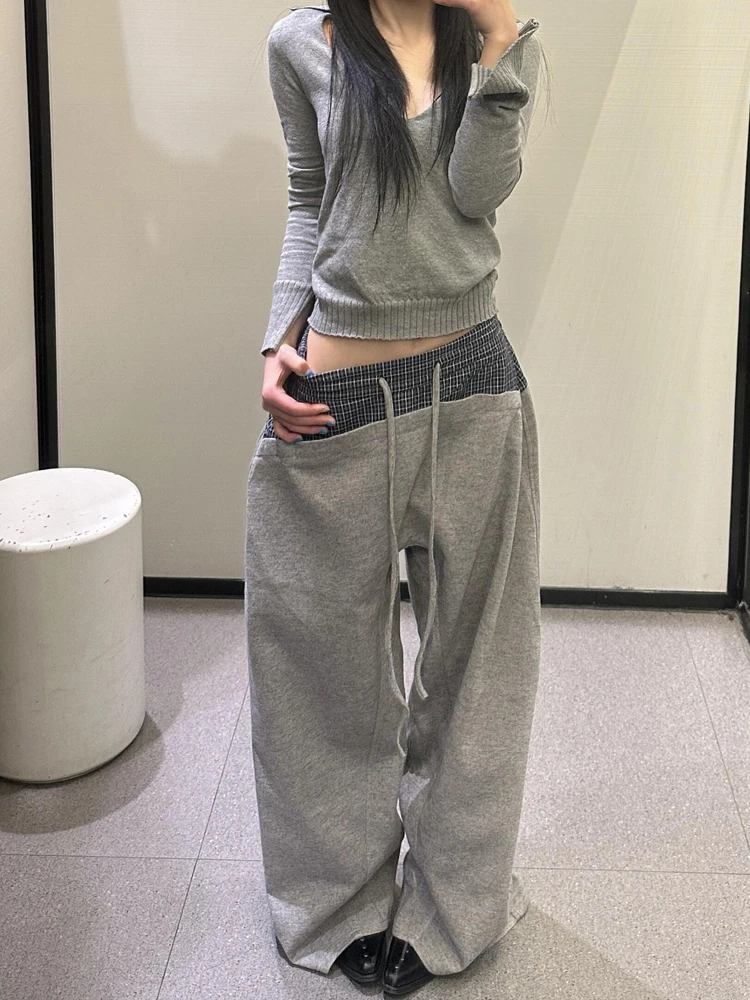 High Waist Plaid Patchwork Casual Pants Women's Design Loose Slimming Lazy Wide Leg Sporty Trousers Drawstring Relax Fit