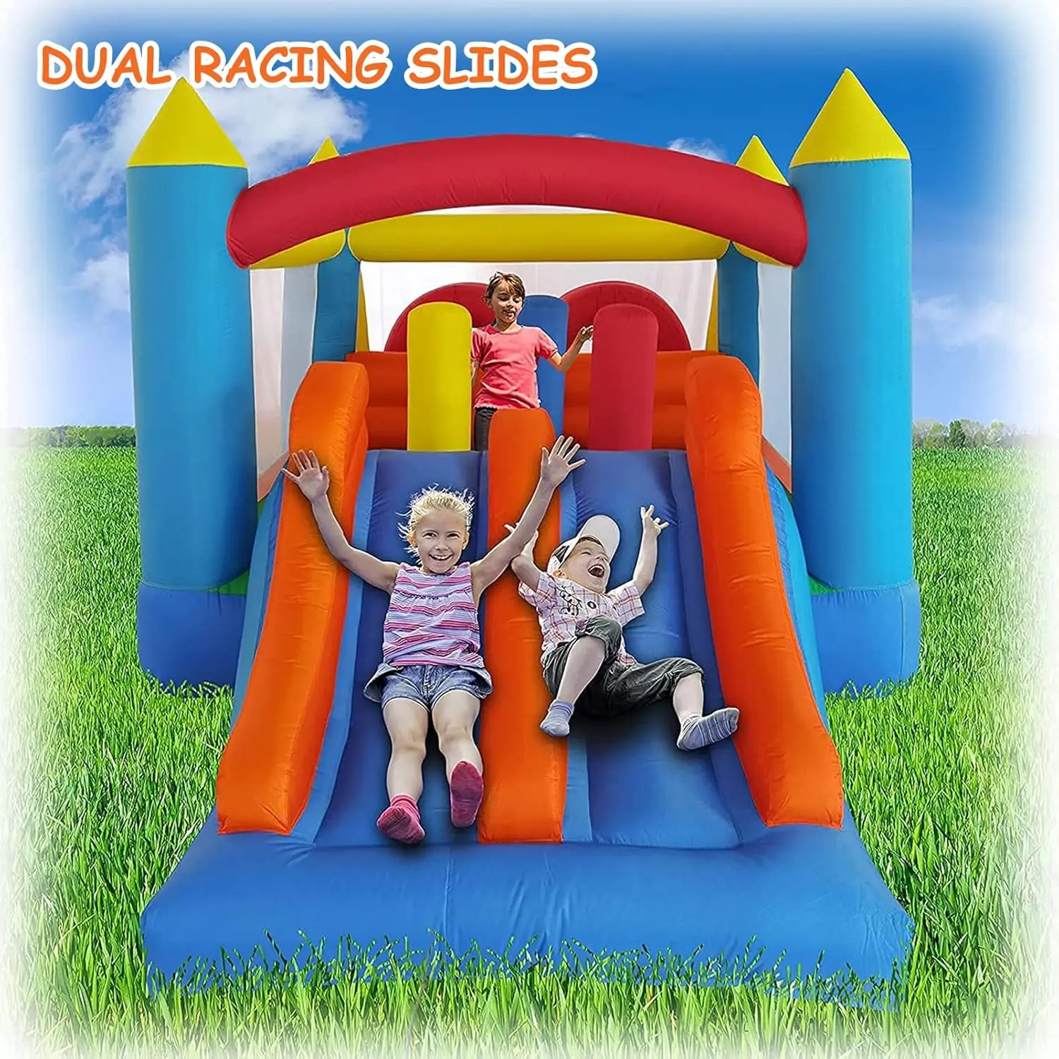 16.3x7.2FT Kids Inflatable Obstacle Bounce House with Dual Racing Slides, Crawl Tunnels, Climbing, Obstacles, Jumping