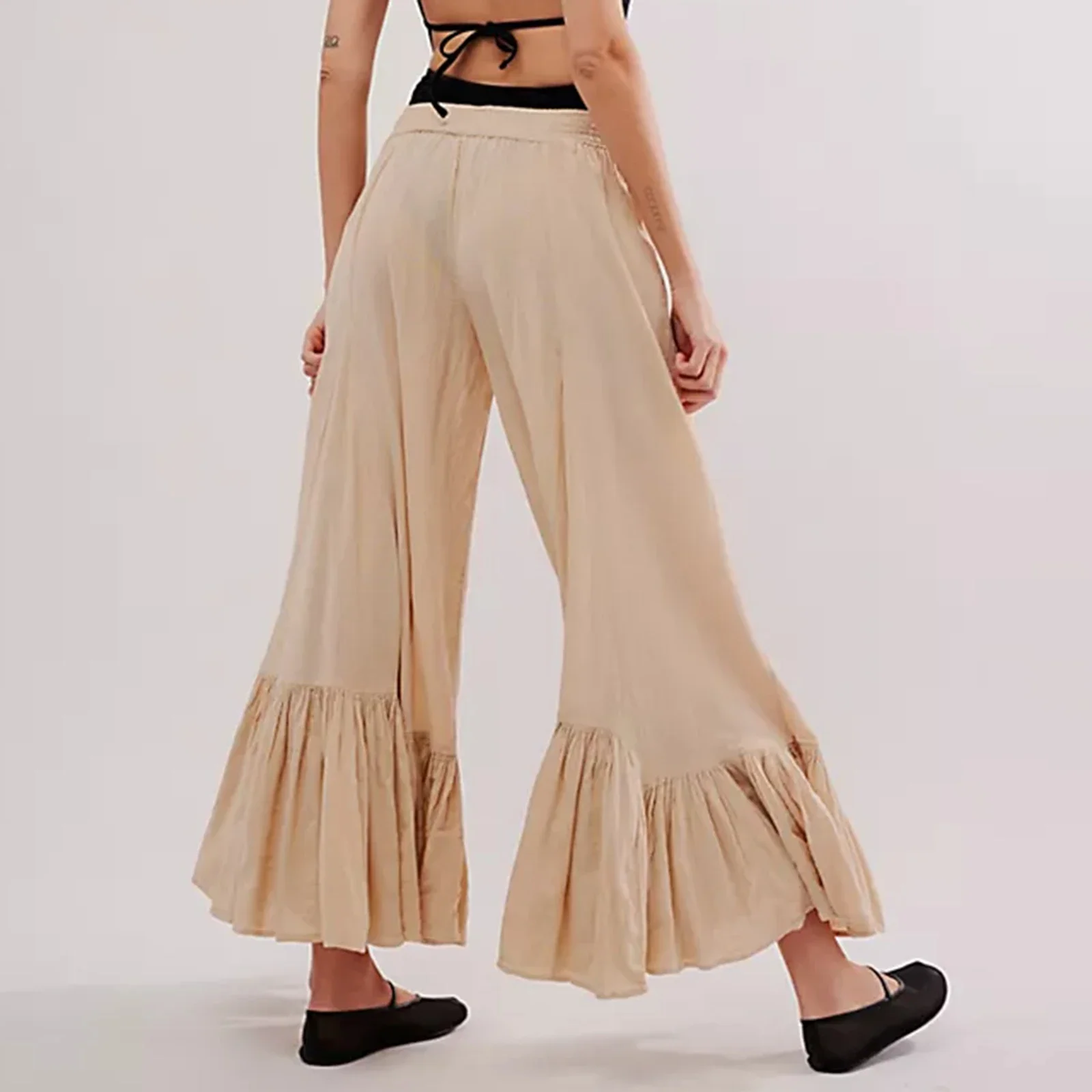 Combhasaki Women Summer Beachwear Boho Culottes Solid Color Elastic Low Waist Wide Leg Ruffle Hem Pants Casual Palazzo Trousers