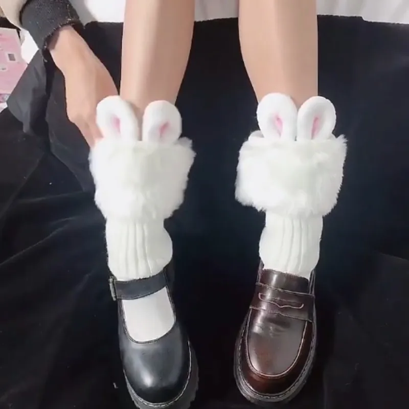 Women Rabbit Ears Knit Winter Leg Warmers Lolita Japanese JK Loose Style Lady Boots Knee High Boot Stockings Leggings Warm Legs