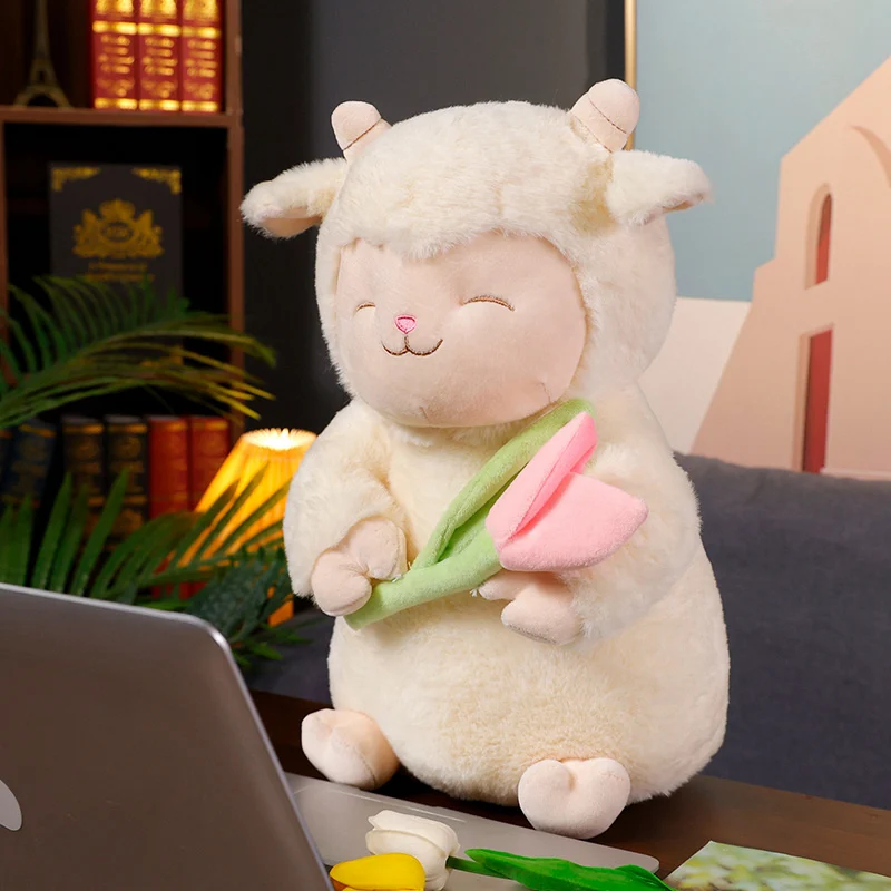 Nice Kawaii Sweet White Sheep Lam Hold Tulip Flower Plush Doll Soft Stuffed Lamb With Plushie Toy Cute Gift For Kid Birthday