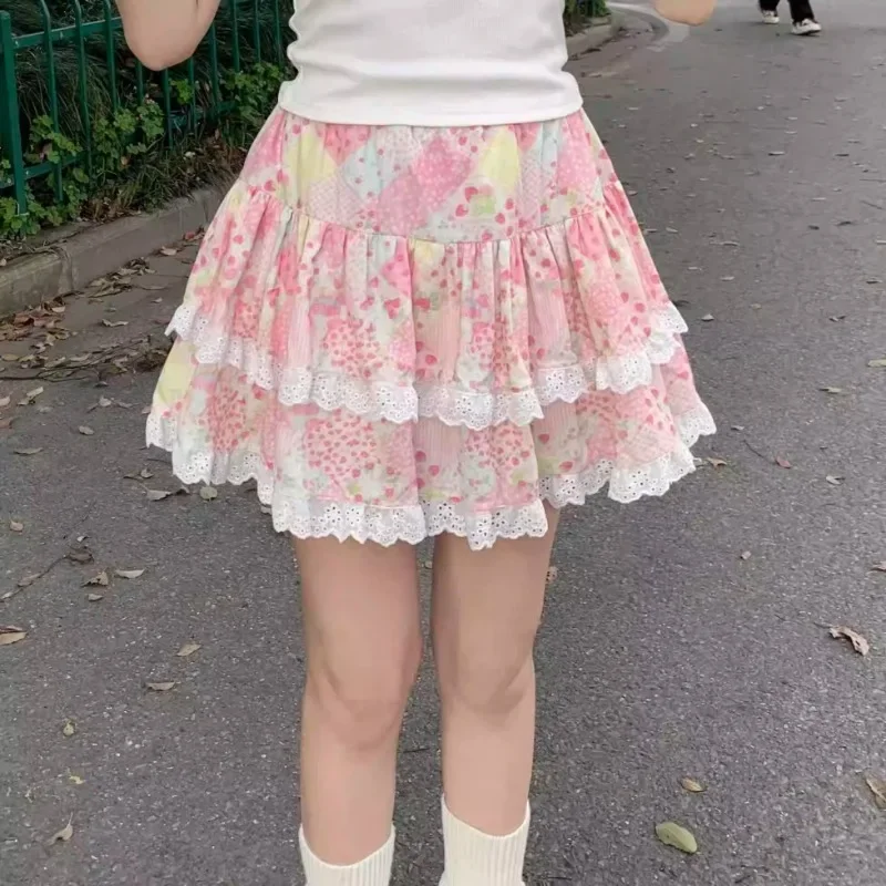 Women Floral Mini Skirt Kawaii Summer 2024 Ruffles Japanese Y2k Cute Chic Girls Sweet Cake Pomp Skirt Layered Short Skirts