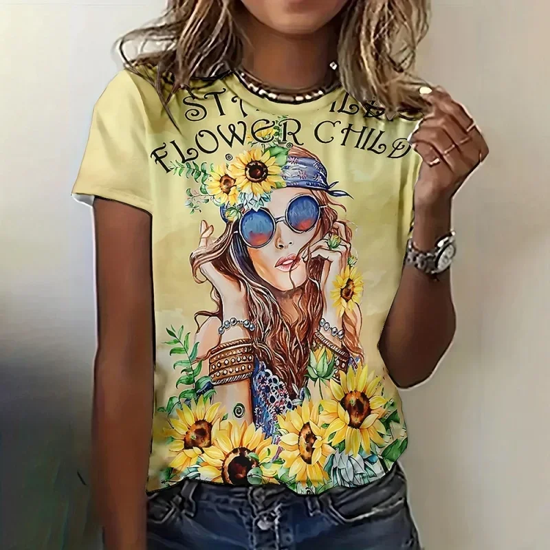 

Женская футболка с цветочным узором для девочек, изысканные этнические футболки с короткими рукавами и 3D принтом, летние повседневные свободные футболки, топы с круглым вырезом