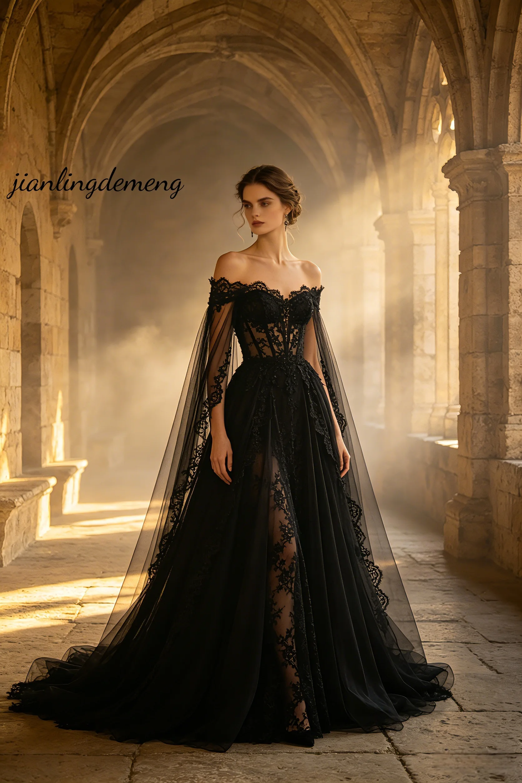 Enchanted Dark Black Satin Lace Wedding Dress Off Shoulder Sheer Sleeve Bridal Gown Customized