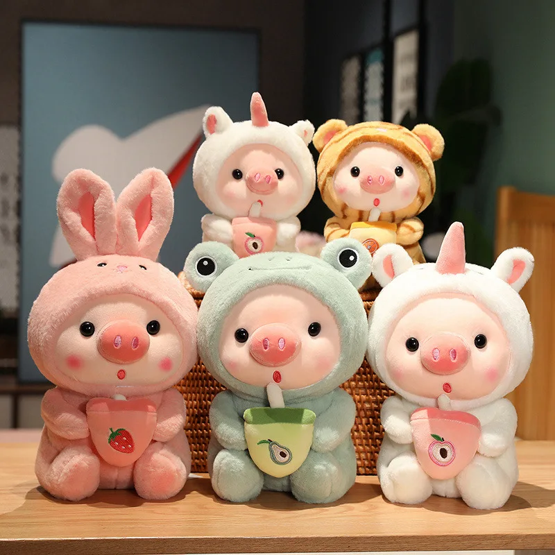 25cm Kawaii Bubble Tea Pig Plush Toys Soft Stuffed Animal Cute Bunny With Tea Cup Plushies Doll Toys for Children Birthday Gifts