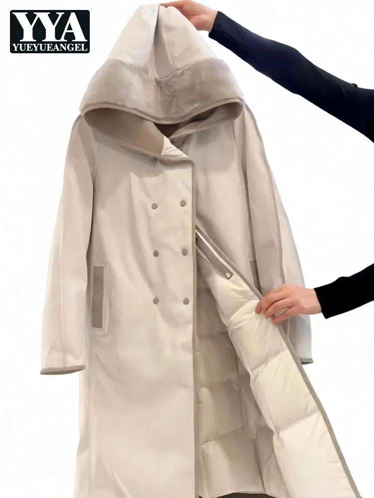 Streetwear Ladies Versatile Double-Breasted Warm Jacket Solid Color Long Sleeves Down Coat Fashion Hooded Loose Outerwear