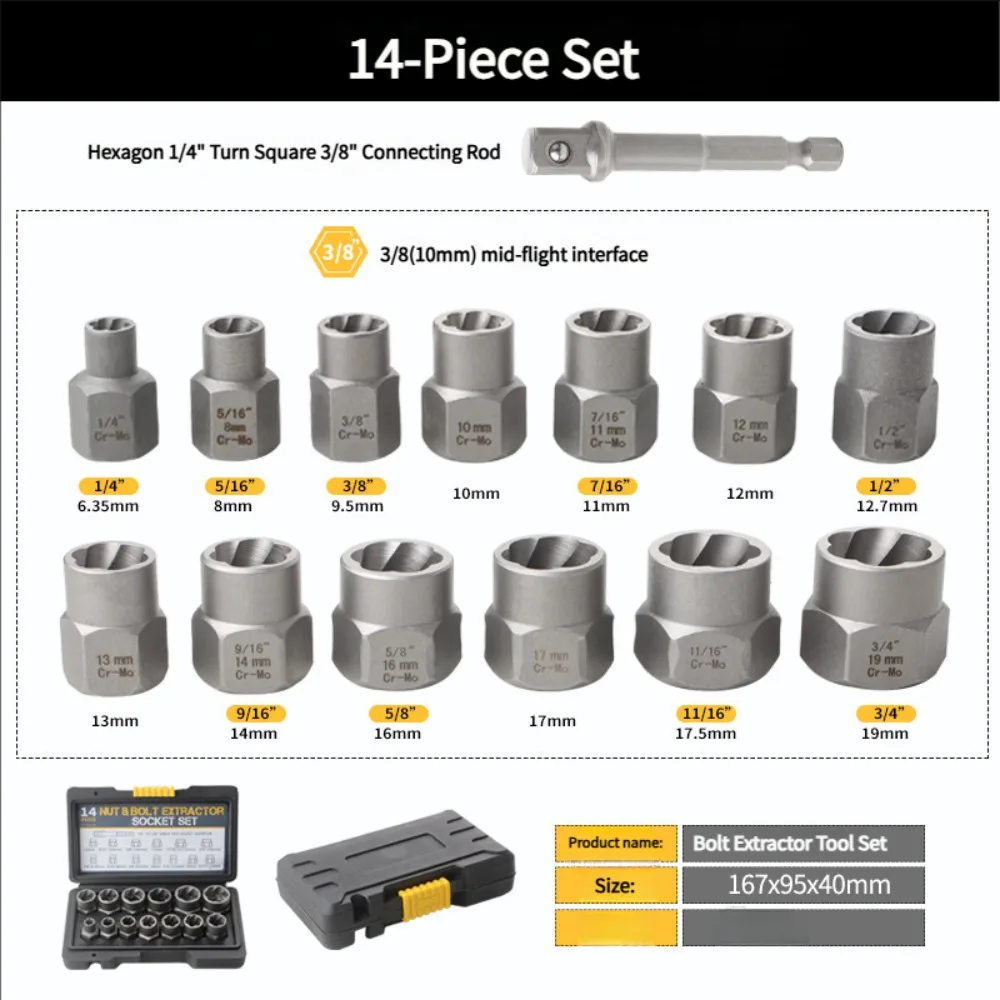 14 pezzi Set di rimozione bulloni e dadi a impatto Strumento per estrattori di bulloni in acciaio Cr-Mo Set di strumenti per rimozione dadi a vite danneggiati Strumento meccanico