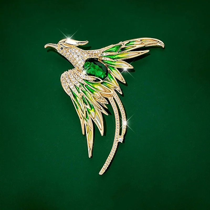 Temperament Phoenix Brooch Exquisite Rhinestone Long Tail Phoenix Crystal Pins Color Painted Oil Suit Accessories Jewelry Gift