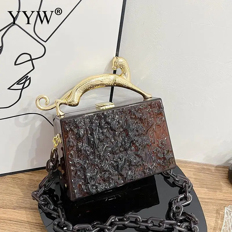 New Acrylic Box Handbags Transparent Women Fashion DesignerLeopard Short Handle Luxury Evening Party Bags Chain Crossbody Bag