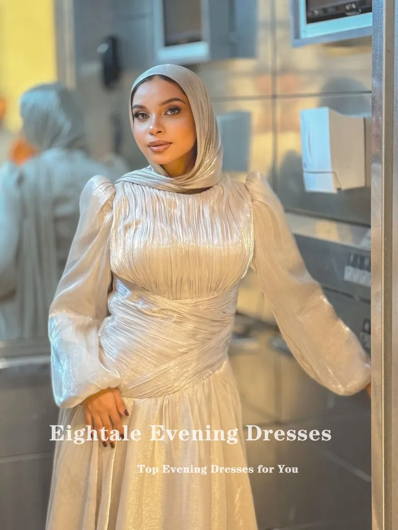 Eightale Arabisches Abendkleid, O-Ausschnitt, Falten, Krepp, maßgeschneidert, bodenlang, muslimisches Champagner-A-Linien-Abschlussball- und Hochzeitskleid