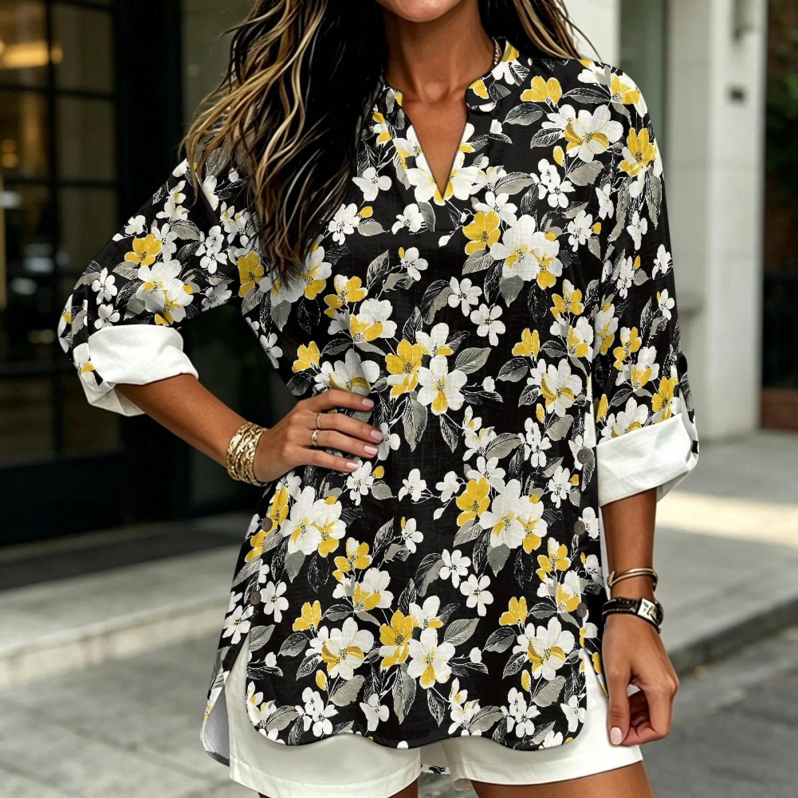 PENSTROLL Floral and Leaf Linen Style Long Sleeve Womens Tops for Fall Roll-Up Tunic Top Tunic Tops for Women