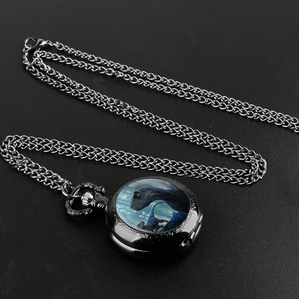 Prehistoric Dino Park Glass Cover Quartz Pocket Watch With Heavy-Duty Chain Arabic Numeral Display Great Halloween Presents